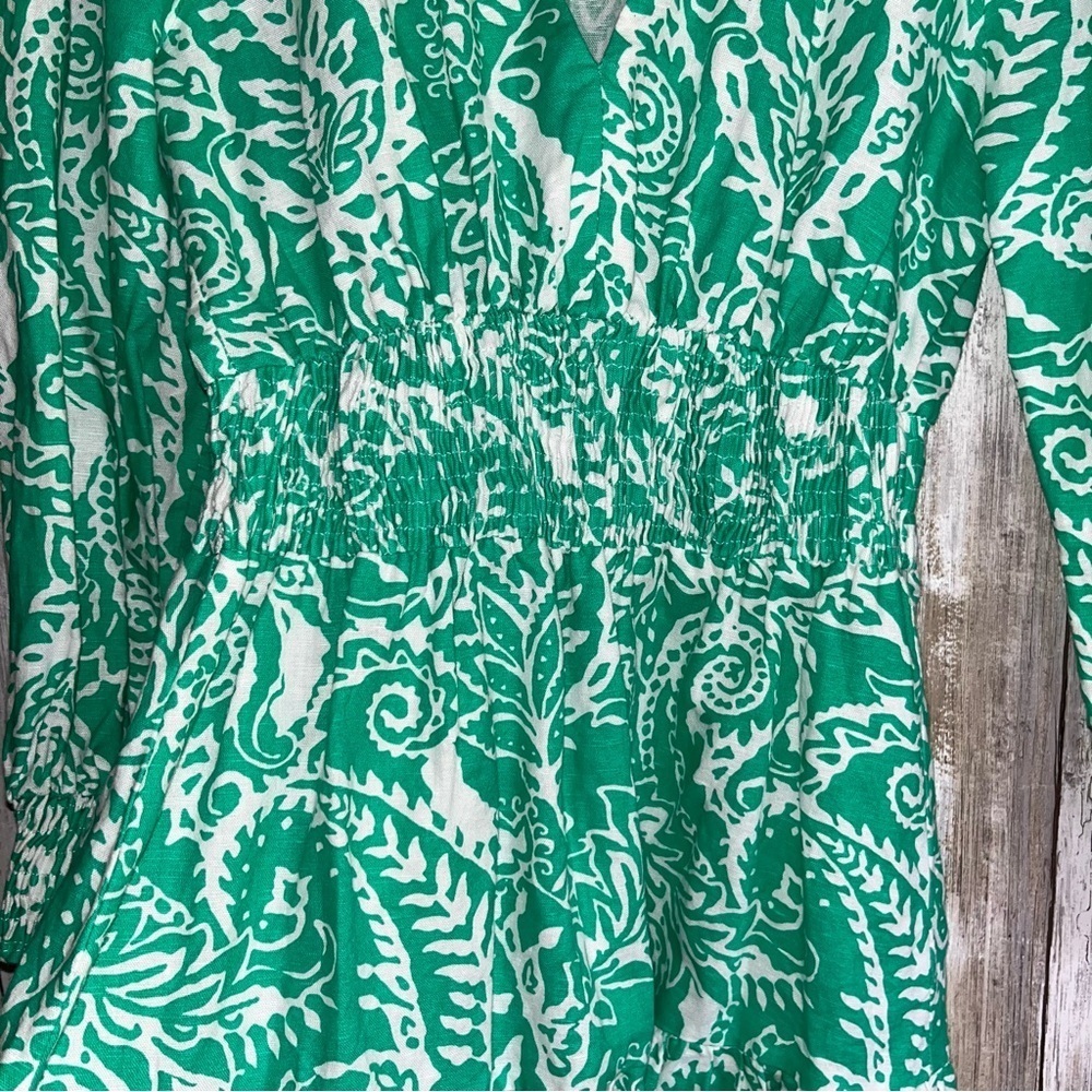 Zara Green White Linen Blend Mini Dress Printed Long Sleeve V Neck Flowy Size S - Picture 3 of 6